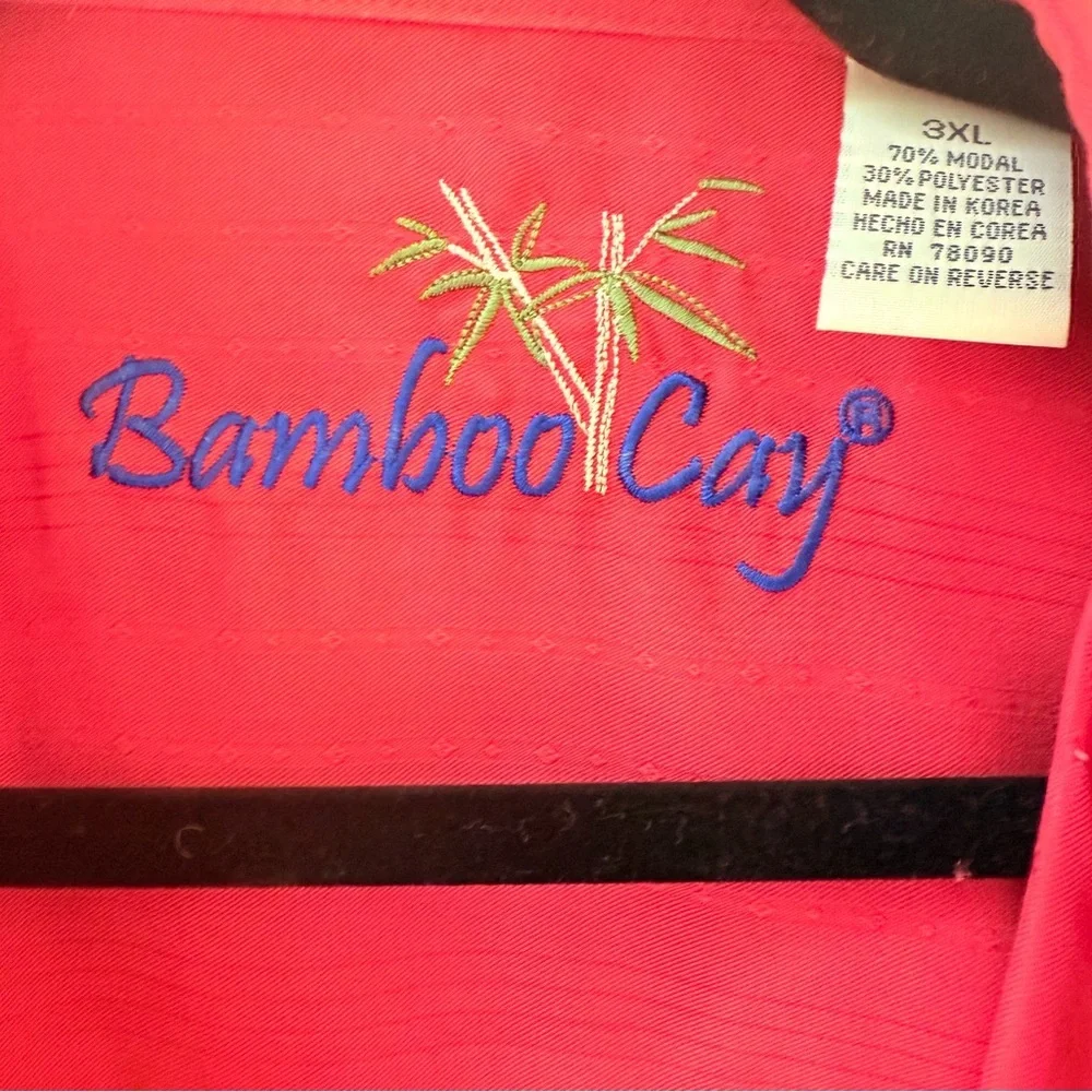 Bamboo Cay Coral Red Palm Tree Embroidered Camp Shirt Short Sleeve 3XL